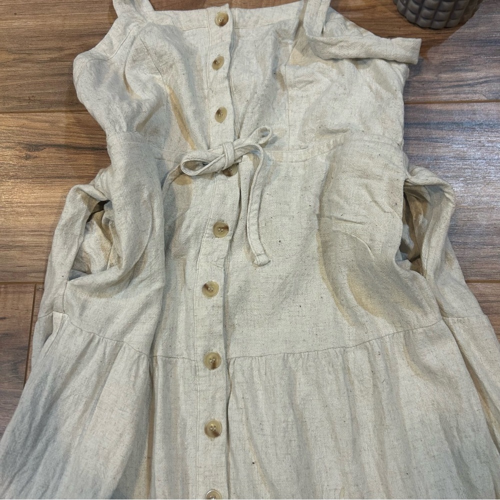 Lucky Brand Tan Midi Dress Tie Front and Pockets Size Medium Petite - Picture 4 of 9